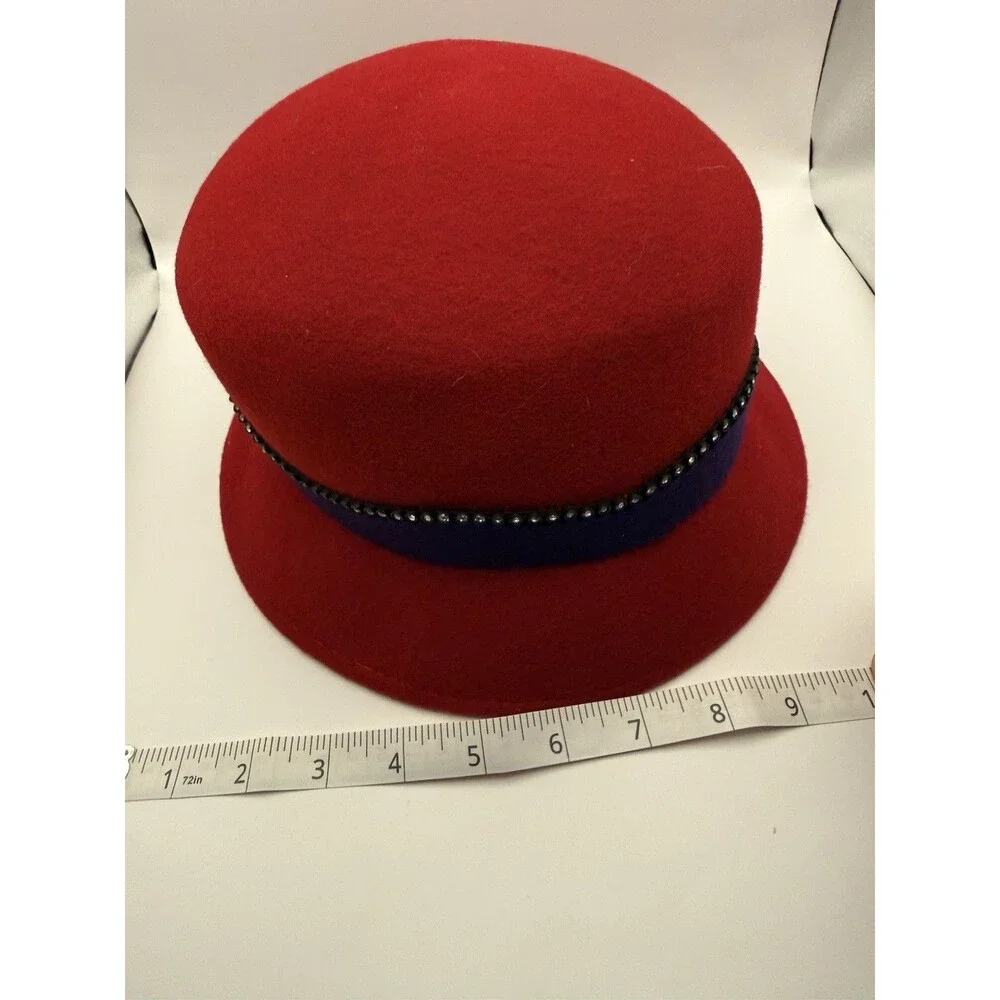Vintage Red Felt Cloche Hat Womens Navy Ribbon Studded Bow Winter Retro